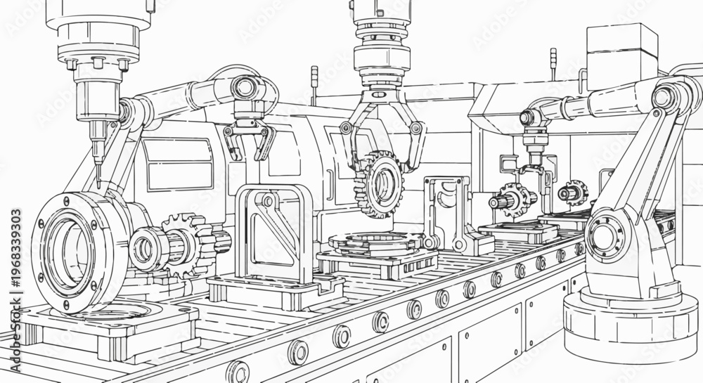Obraz premium Automated factory assembly line with robotic arms and conveyor belts