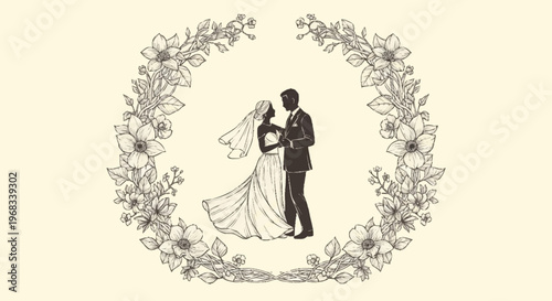 Bride and groom stand together surrounded by floral wreath alevidhanu on wedding day