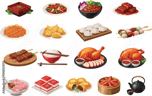 Set of delicious Asian cuisine icons featuring dim sum, roasted chicken, noodles, dumplings, skewers, and traditional tea for restaurant menu design and food illustrations.