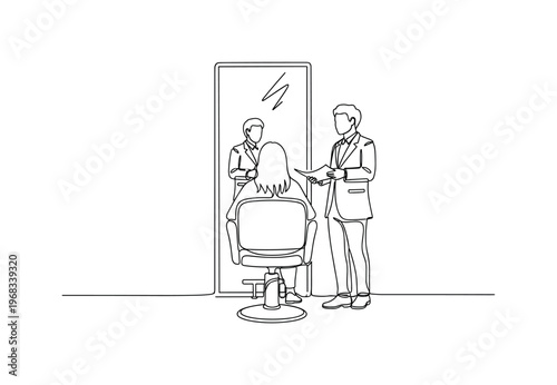 Hair Salon Meeting. Minimalistic one-line drawing client in chair talking to stylist with mirror reflection, continuous single black line on white background,