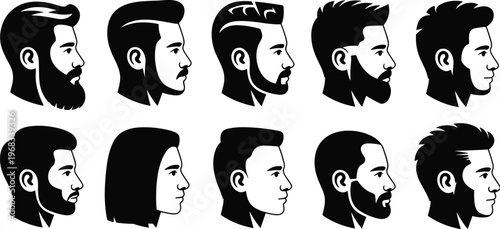 Men hairstyle and beard styles set, male head profile vector illustration of modern haircuts grooming fashion silhouettes isolated design