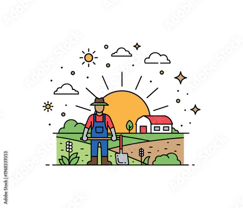 Farmer sunrise field scene where a farmer stands in a morning-lit farm while small sparkle and sun icons emphasize routine, energy, and connection to nature.