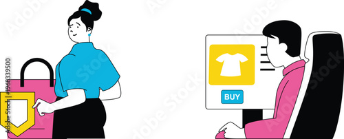 Woman shopping in-store contrasts with man buying online using a digital device for clothing purchase