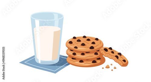 Illustration of a glass of milk and a stack of chocolate chip cookies on a blue coaster against a white background.