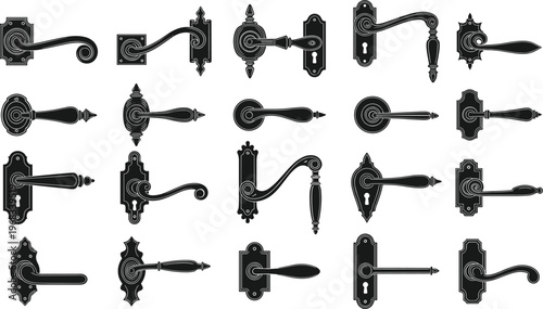 Set of vintage door handle silhouettes featuring ornate antique lever designs, decorative door hardware, classic Victorian knobs, and elegant metal fittings for interior design.