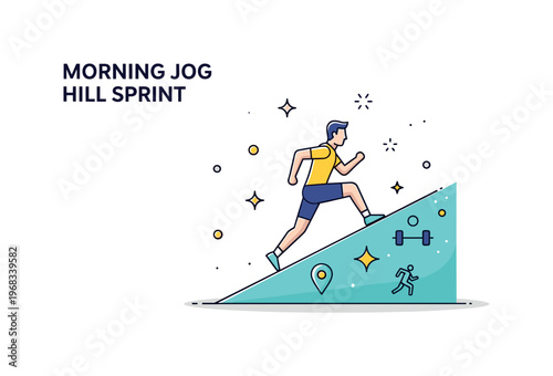 Going for a morning jog hilltop viewpoint concept where a jogger runs along a scenic ridge while small sparkle and sun icons emphasize achievement, energy, and