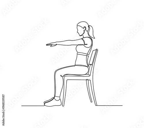 Seated Exercises. Minimalistic one-line drawing person sitting on chair lifting arms and legs gently, continuous single black line on white background, simple