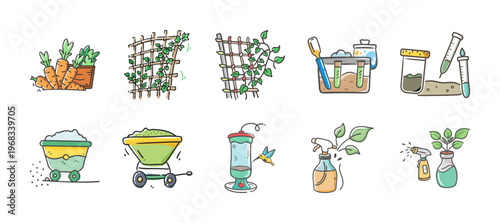 Foto Carrot harvest, trellis, science experiment, and bird feeder icons