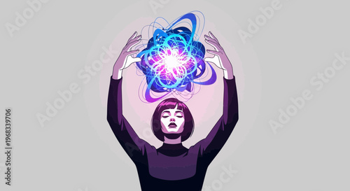 Woman conjures glowing energy ball above head.