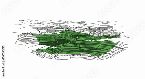 Stylized green terraced hills under a sketched sky