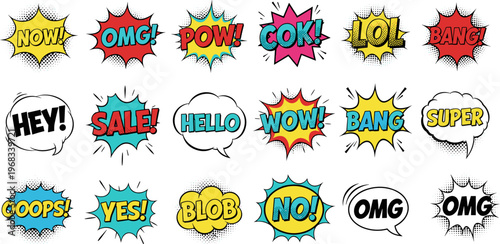 Colorful comic speech bubbles with pop art text effects and expressive words collection, vector illustration isolated on white background