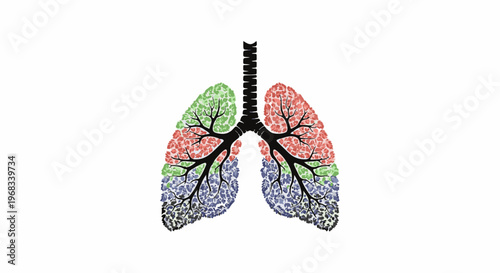 Stylized anatomical representation of lungs filled with colored leaf-like patterns