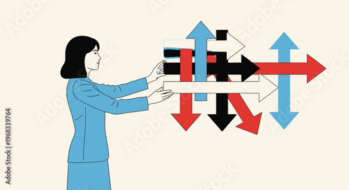 Woman navigating complex directional arrows symbolizing choices.