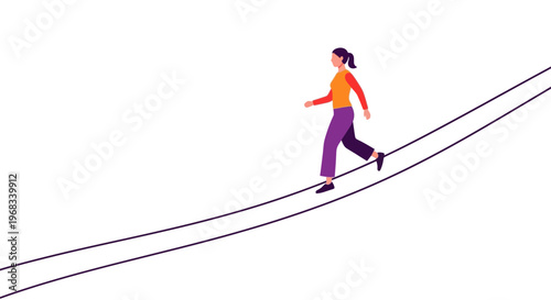 Woman walking on tightrope with determination.