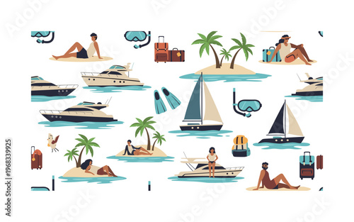 island hopping boat tours seamless pattern, repeating pattern, surface design, textile print, modern illustration of motorboats, sailboats, tropical islands,