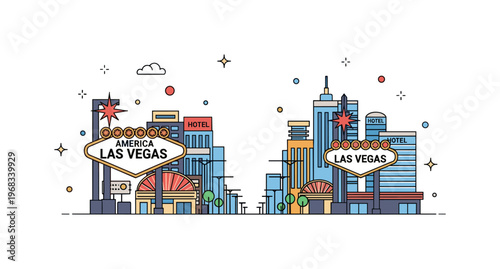 America Las Vegas Strip concept where neon signs and hotels line the boulevard while tiny sparkle and star icons highlight entertainment, nightlife, and iconic