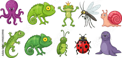 Cute cartoon animals collection with octopus chameleon frog insect snail and seal isolated on white background, colorful vector illustration set