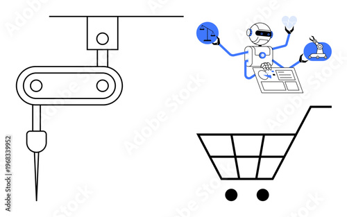 E-commerce, automation, artificial intelligence, manufacturing, robotics, machine learning. Robot multitasking with scales, coding and research tools near a shopping cart and machinery. E-commerce