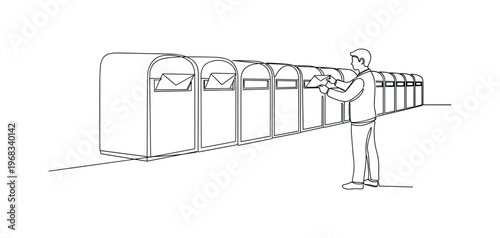 Mail Distribution. Minimalistic one-line drawing row of mailboxes with person inserting letters in assigned boxes, continuous single black line on white