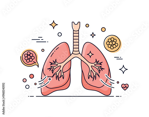 Lungs breathing air healthy lifestyle concept where lungs are highlighted in a body silhouette while tiny sparkle and leaf icons emphasize wellness, fitness,