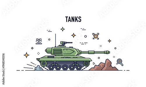 Tanks armored combat concept where a tank maneuvers over rough terrain while tiny sparkle and line icons highlight mobility, engineering, and