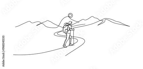 Summer Hiking. Minimalistic one-line drawing hiker with backpack walking along mountain path with sun overhead, continuous single black line on white