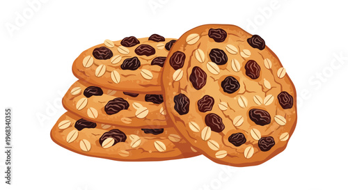 Illustration of a stack of oatmeal raisin cookies with a golden-brown color and a clean white background.