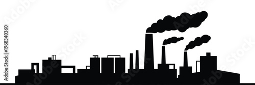 Industrial factory skyline silhouette with smoke stacks representing manufacturing industry pollution and production landscape for business and environment concept