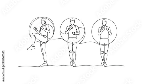 Full Body Warm-Up. Minimalistic one-line drawing individual doing leg swings, arm circles, and side steps, continuous single black line on white background,