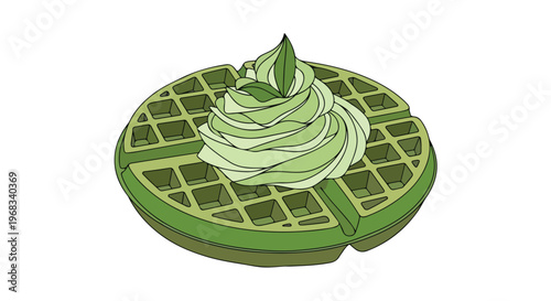 Illustration of a green matcha waffle topped with whipped cream on a plain white background.