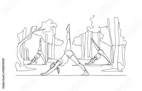 Outdoor Yoga Practice. Minimalistic one-line drawing individual in yoga poses like downward dog in forest clearing, continuous single black line on white