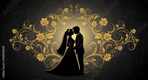 Elegant Silhouette of a Newlywed Couple Embracing Amidst Ornate Golden Flourishes