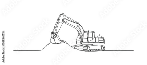 Soil Excavation. Minimalistic one-line drawing construction excavator digging dirt with bucket raised, continuous single black line on white background, simple