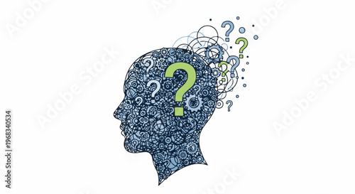 Silhouette of a head filled with gears and question marks, symbolizing thought