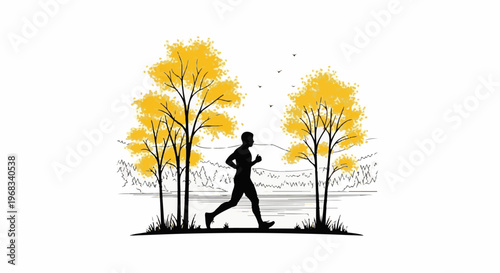 Silhouette runner beside golden trees by water, with birds flying