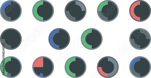 Colorful circular progress gauge icons with partial fill sections displayed
