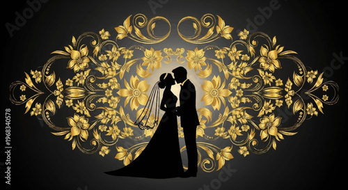 Romantic Golden Wedding Silhouette with Intricate Floral Ornamentation and Elegant Scrollwork Design for Timeless Celebration