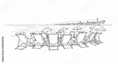Sketch of people relaxing on beach chairs under umbrellas, ocean, and distant town