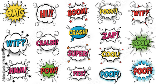 Webcolorful comic style speech bubbles with boom crash zap pow hi super cool text pop art explosion stickers set illustration
