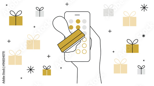 Smartphone held in hand, a membership app, a stamp card, and a gift, clean vector sketch with variable line weights