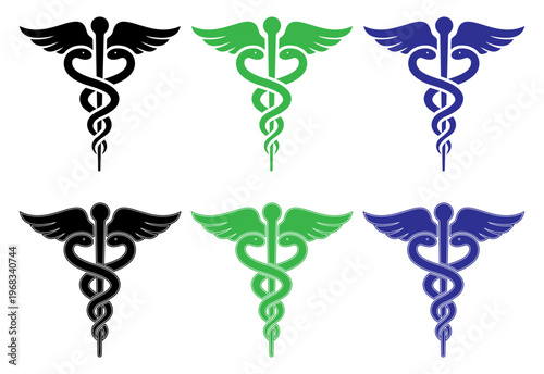 caduceus medical symbol set featuring healthcare, medicine, doctor, hospital, pharmacy, clinic, emergency and health icons with winged staff snake design in multiple styles and colors, medical