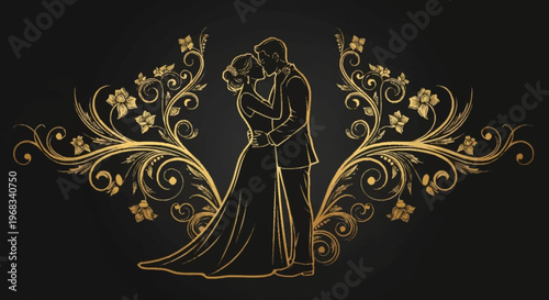 Captivating golden illustration of a romantic couple's embrace, beautifully framed by intricate decorative flourishes and elegant ornate patterns