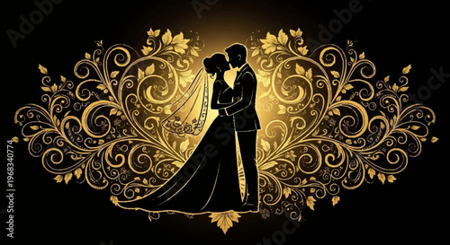 Romantic golden silhouette of a bride and groom embracing within an opulent, intricately adorned floral and swirling decorative design, perfect for wedding elegance