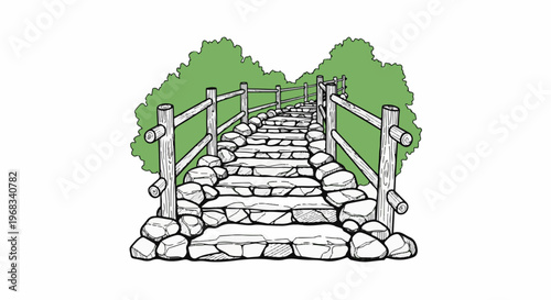 Stone steps ascend a gentle slope bordered by a rustic wooden fence and lush green foliage