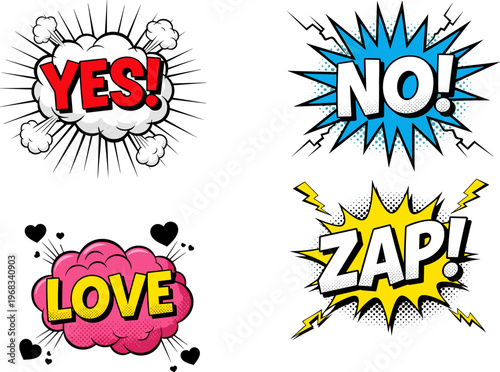 Comic pop art speech bubbles with yes no love zap text effects isolated on white background, colorful vector illustration set