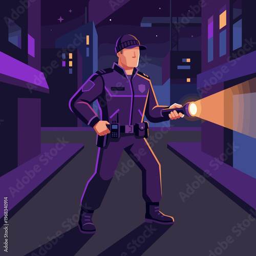 A vigilant police officer in uniform is on patrol, holding a brightly lit flashlight and scanning a dark, narrow city alley at night, ensuring public safety.