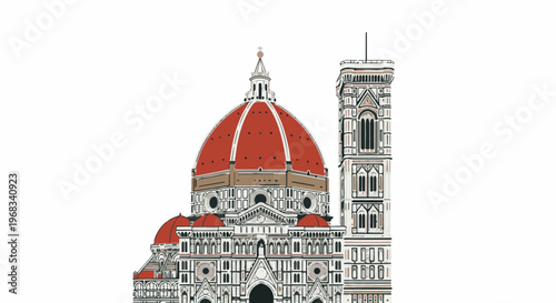 Stylized illustration of a famous cathedral with a prominent red dome and bell tower
