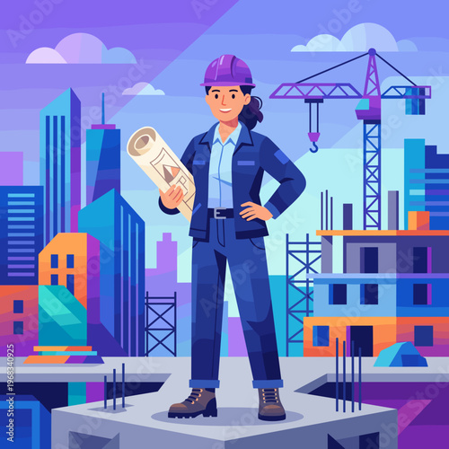 A confident female architect or engineer stands prominently on a construction site podium, holding blueprints and overseeing the building of a modern city skyline.