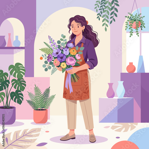 A happy female florist, adorned in an apron, proudly holds a beautiful, freshly arranged bouquet of colorful flowers within her charming, plant-filled shop.