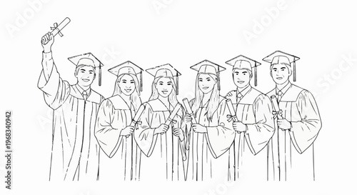 A group of six students in graduation gowns and caps hold diplomas